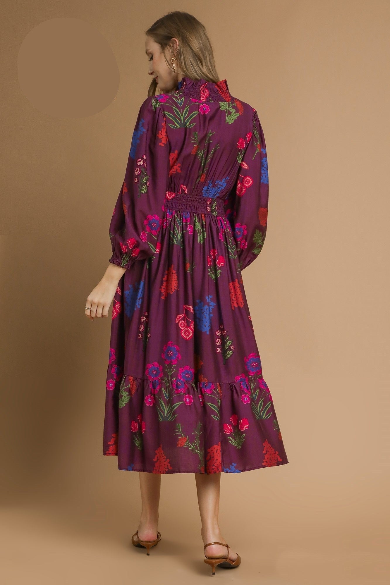 Umgee Mixed Floral Print Midi Dress in Burgundy Mix – June Adel