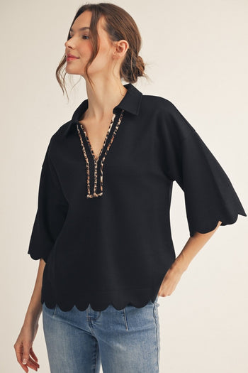 Jodifl Scallop Edge Top with Animal Print Detail in Black
