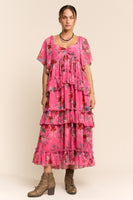 Davi & Dani Floral Printed Ruffled Dress in Orchid Pink