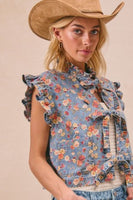 BiBi Washed Denim Floral Ditsy Print Vest in Denim