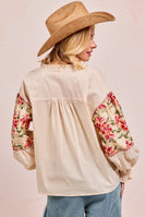 BiBi Solid Color Top with Embroidery Detail Sleeves in Cream