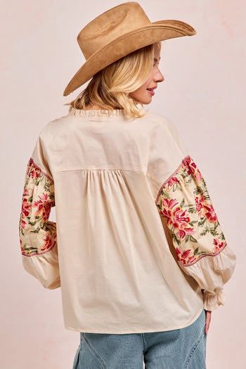 BiBi Solid Color Top with Embroidery Detail Sleeves in Cream