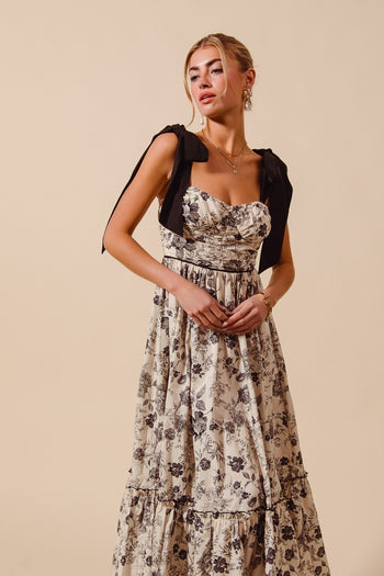 So Me Floral Print Maxi Dress with Contrasting Ribbon Shoulder Ties in June Adel So Me Floral Print Maxi Dress with Contrasting Ribbon Shoulder Ties in June Adel