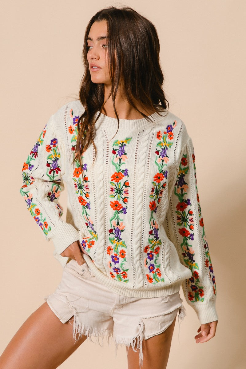 BiBi Solid Color Cable Knit Sweater with Flower Embroidery in