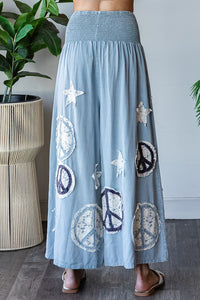 Oli & Hali Smocked Waistband Pants with Peace Sign and Star Patches in Blue