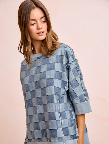 BiBi OVERSIZED Denim Checkered Top in Denim