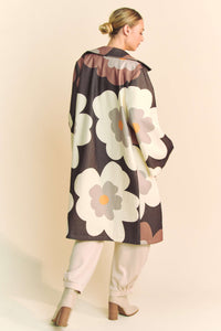 Davi & Dani Bold Retro Floral Print Jacket in Mocha Brown