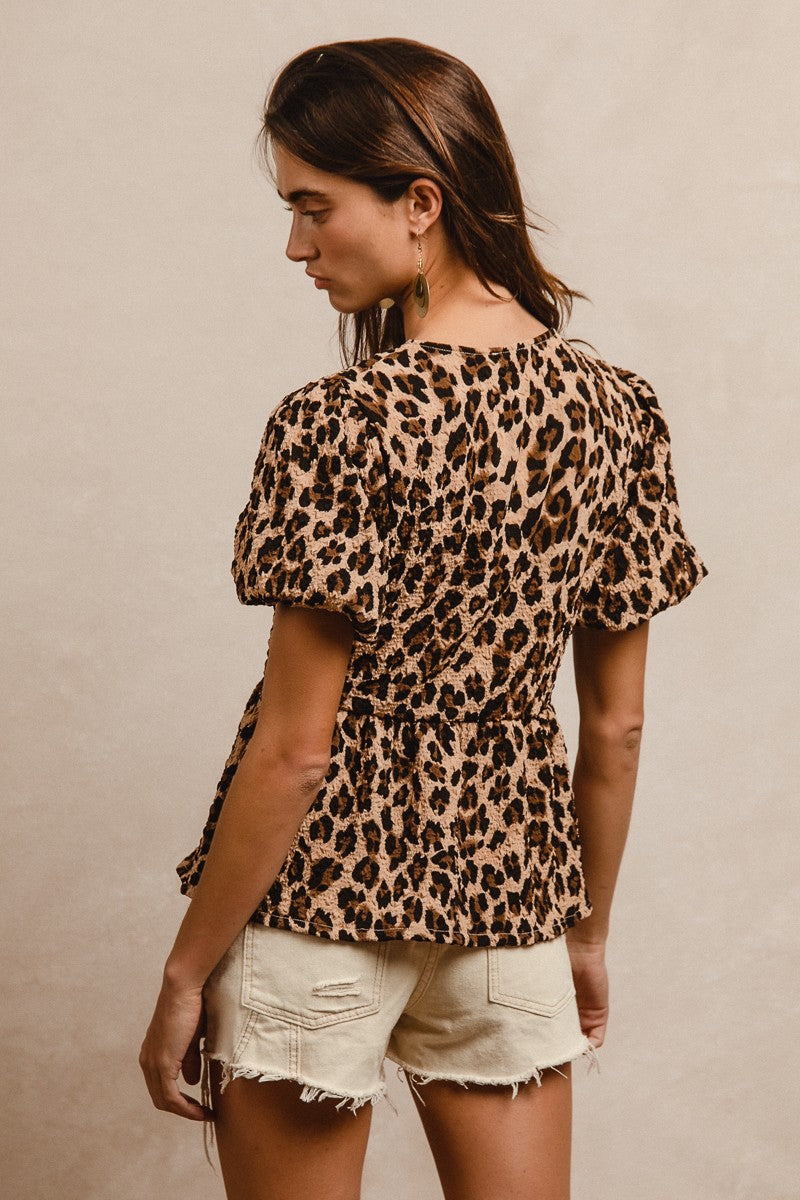 BiBi Textured Peplum Top with Ribbon Ties in Leopard – June Adel