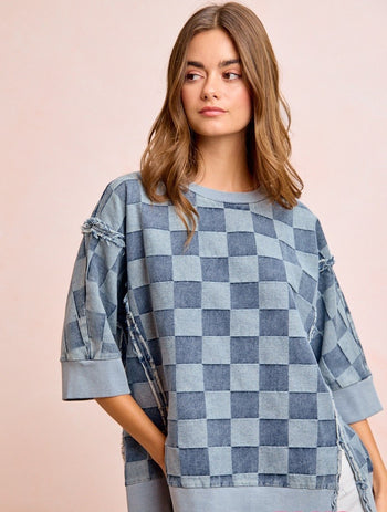 BiBi OVERSIZED Denim Checkered Top in Denim