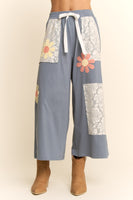 Davi & Dani Knit and Lace Pants with Flower Patches in Blue Multi