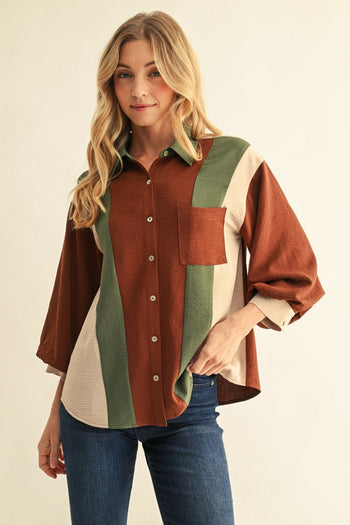 Jodifl Colorblock Crinkle Button-Down Top in Brown Mix