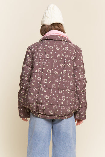 J.nna Ribbon Bow & Floral Print Puffer Jacket in Brown