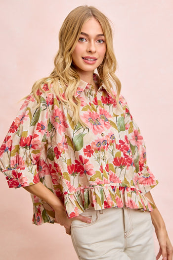 BiBi Floral Print Ruffled Hem Button-Up Quarter Sleeve Top in Floral