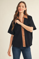 Jodifl Faux Leather Accent Drop Shoulder Solid Top in Black
