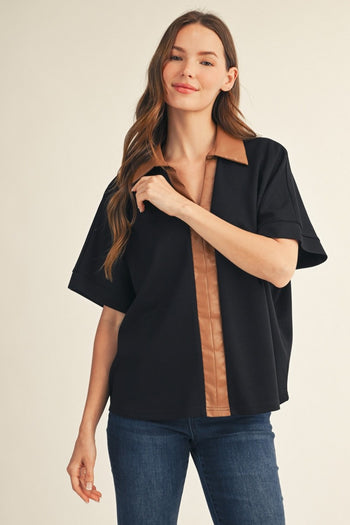Jodifl Faux Leather Accent Drop Shoulder Solid Top in Black