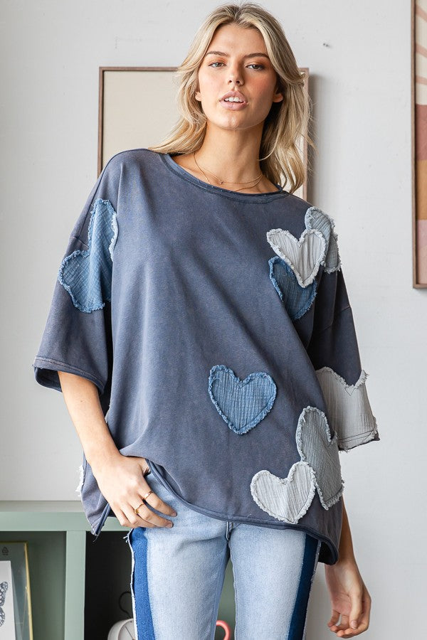 Oli & Hali Mineral Washed Top with Heart Patches in Navy