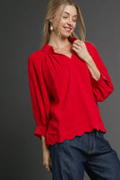 Umgee Solid Color Linen Blend Boho Top in Red
