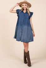 Load image into Gallery viewer, Mittoshop Chambray Mini Length Shirt Dress in Dark Denim
