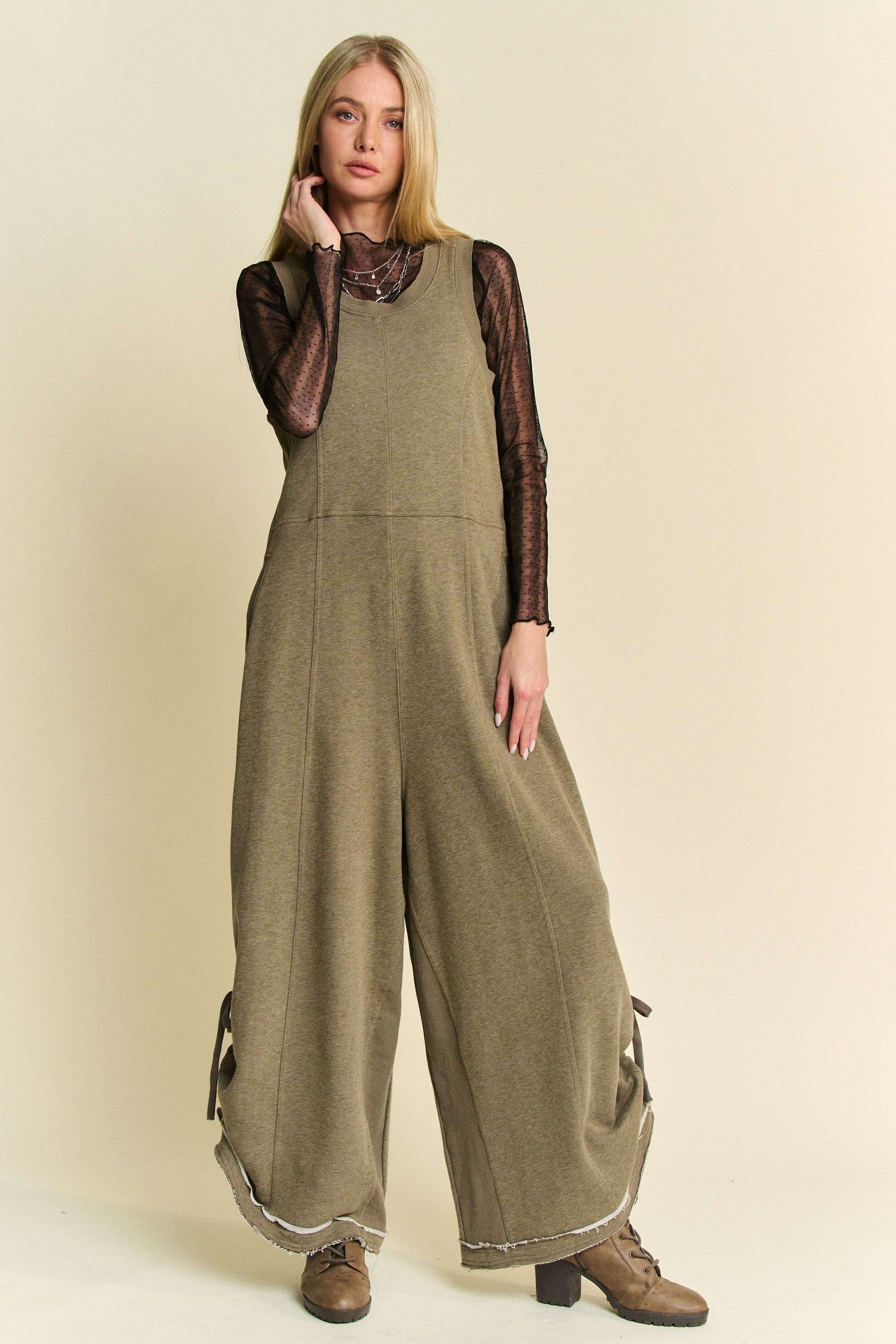 Davi & Dani French Terry and Contrasting Ribbed Knit Jumpsuit in