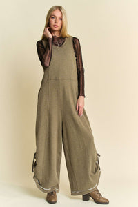 Davi & Dani French Terry and Contrasting Ribbed Knit Jumpsuit in Mocha Olive