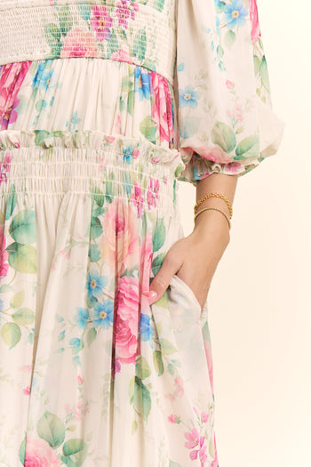 Davi & Dani Flower Printed Chiffon Midi Dress in Taupe