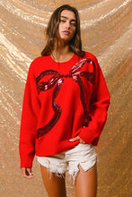 Load image into Gallery viewer, BiBi Solid Color Knit Sweater with Large Sequin Bow Front in Red
