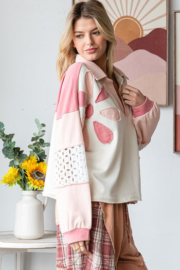 Oli & Hali Collared Top with Eyelet Lace and Daisy Patches in Pink