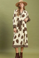 Umgee Mix Leaf Print Belted Midi Dress in Cream Mix
