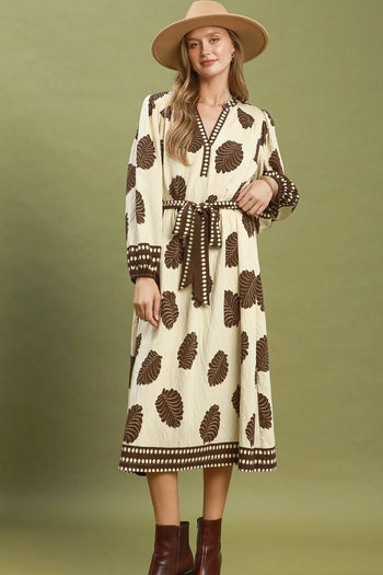 Umgee Mix Leaf Print Belted Midi Dress in Cream Mix