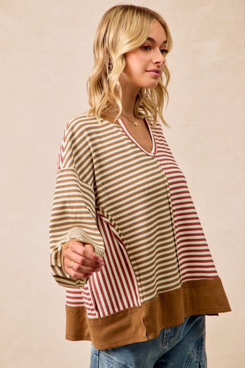 BiBi Thermal Knit Color Block Striped Top in Mocha/Marsala