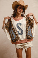 BiBi OVERSIZED Leopard and Solid Top with Denim USA Patch Front in Oatmeal
