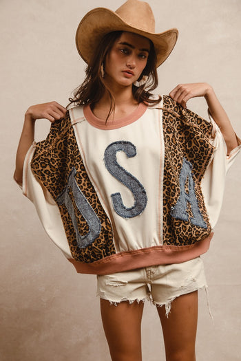 BiBi OVERSIZED Leopard and Solid Top with Denim USA Patch Front in Oatmeal