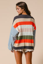 Load image into Gallery viewer, BiBi Cable Knit Multicolored Striped Sweater with Denim Sleeves in Pumpkin Combo
