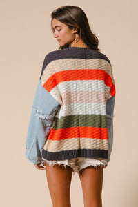 BiBi Cable Knit Multicolored Striped Sweater with Denim Sleeves in Pumpkin Combo