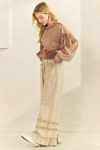 Mittoshop Mineral Washed Ruffle Trim Wide Leg Pants in Natural