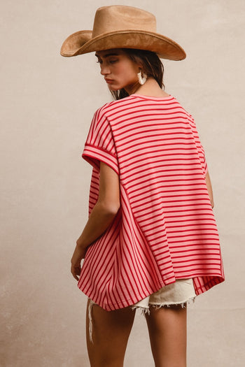 BiBi Textured Waffle Knit Striped Pattern Top in Pink/Red
