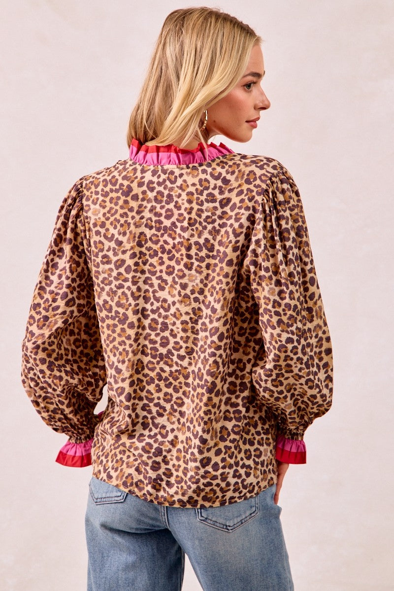 BiBi Long Sleeve Leopard Print Top with Contrasting Wavy Trim in