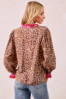 BiBi Long Sleeve Leopard Print Top with Contrasting Wavy Trim in Leopard