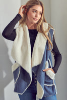 E Luna Open Front Faux Suede Vest in Navy Blue