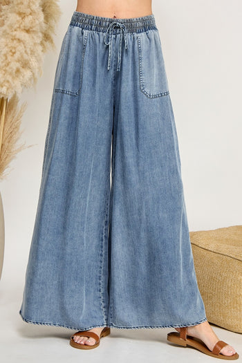 Sage+Fig Denim Wide Leg Palazzo Pants in Denim Blue