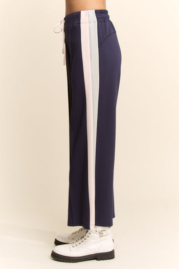 Davi & Dani Side Stripe Wide Leg Pants in Navy Mint