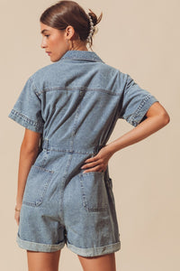 So Me Utility Button Down Romper in Denim