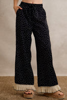 So Me Polka Dot Wide-Leg Pants With Lace Hem in Black