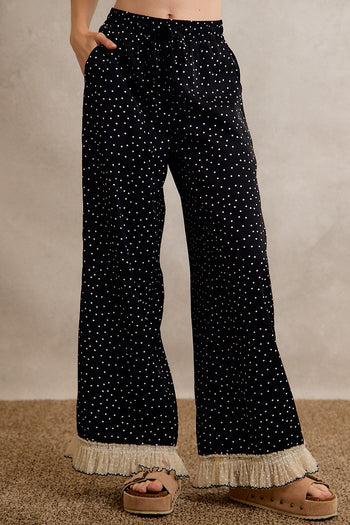 So Me Polka Dot Wide-Leg Pants With Lace Hem in Black