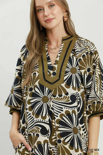 Umgee Abstract Print Midi Dress in Olive Mix