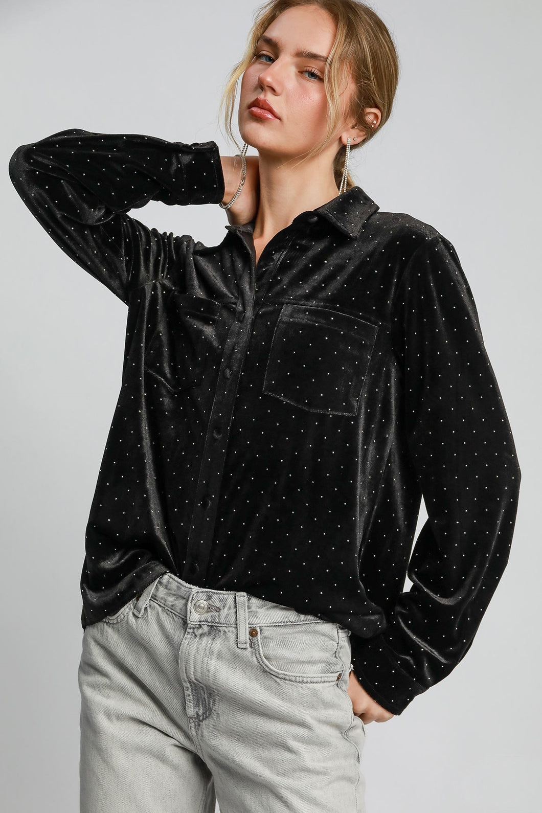 Umgee Beaded Velvet Button Down Top in Black