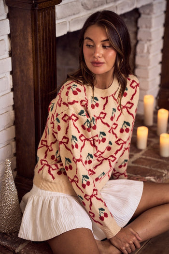 So Me Cherry Ribbon Pattern Knit Sweater in Beige