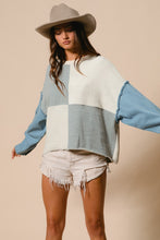 Load image into Gallery viewer, BiBi OVERSIZED Multi Colored Patched Terry Knit Top with Denim Sleeves in Denim/Ivory/Grey
