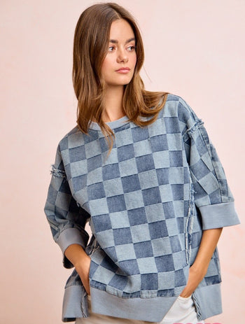 BiBi OVERSIZED Denim Checkered Top in Denim