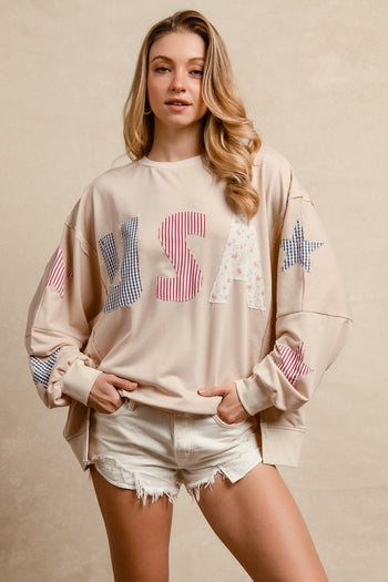 BiBi OVERSIZED French Terry Top with Mixed Print USA and Star Patches in Oatmeal